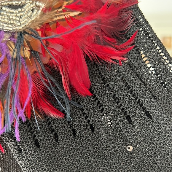 VINTAGE EMBELLISHED 80s Feather red Rosette 1-sleeved knit jersey black 6 - Picture 7 of 16